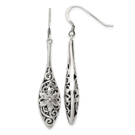 Sterling Silver Polished Antiqued Floral Teardrop Shepherd Hook Earrings