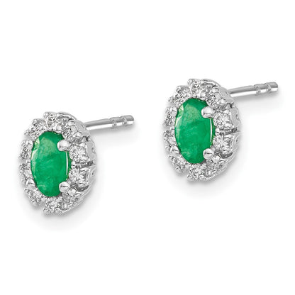 14k White Gold 1/5Ct Diamond and Emerald Oval Halo Stud Earrings
