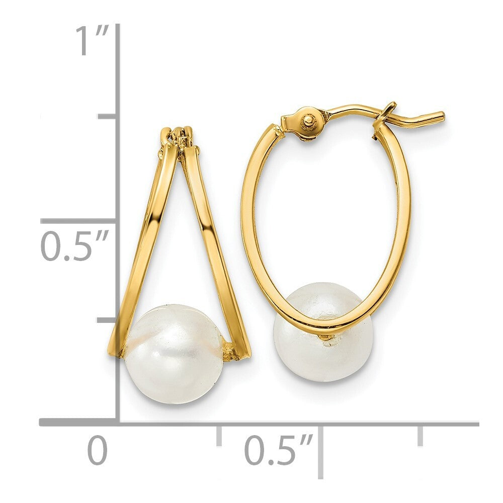 14k Yellow Gold Polished Freshwater Cultured Pearl Hoop Earrings Gift for Women