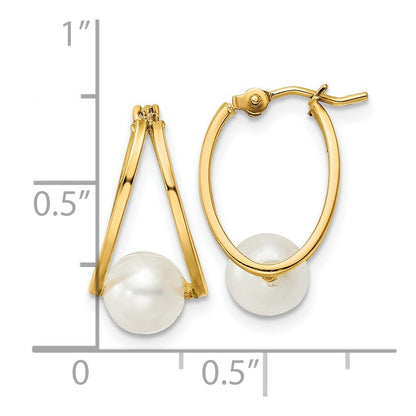 14k Yellow Gold Polished Freshwater Cultured Pearl Hoop Earrings Gift for Women