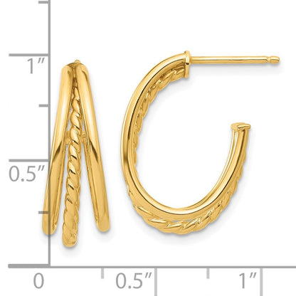 14k Yellow Gold Polished and Twist Oval Multi Row J-Hoop Earrings