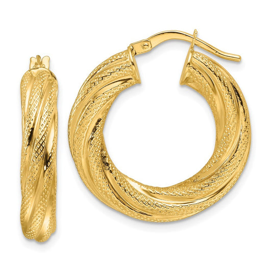 14k Yellow Gold Polished 4.7mm Textured Twist Round Hoop Earrings