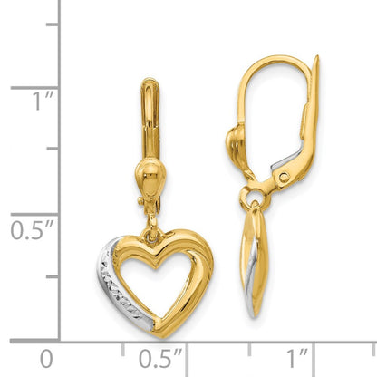 14k Yellow Gold and Rhodium Textured and Polished Heart Leverback Earring