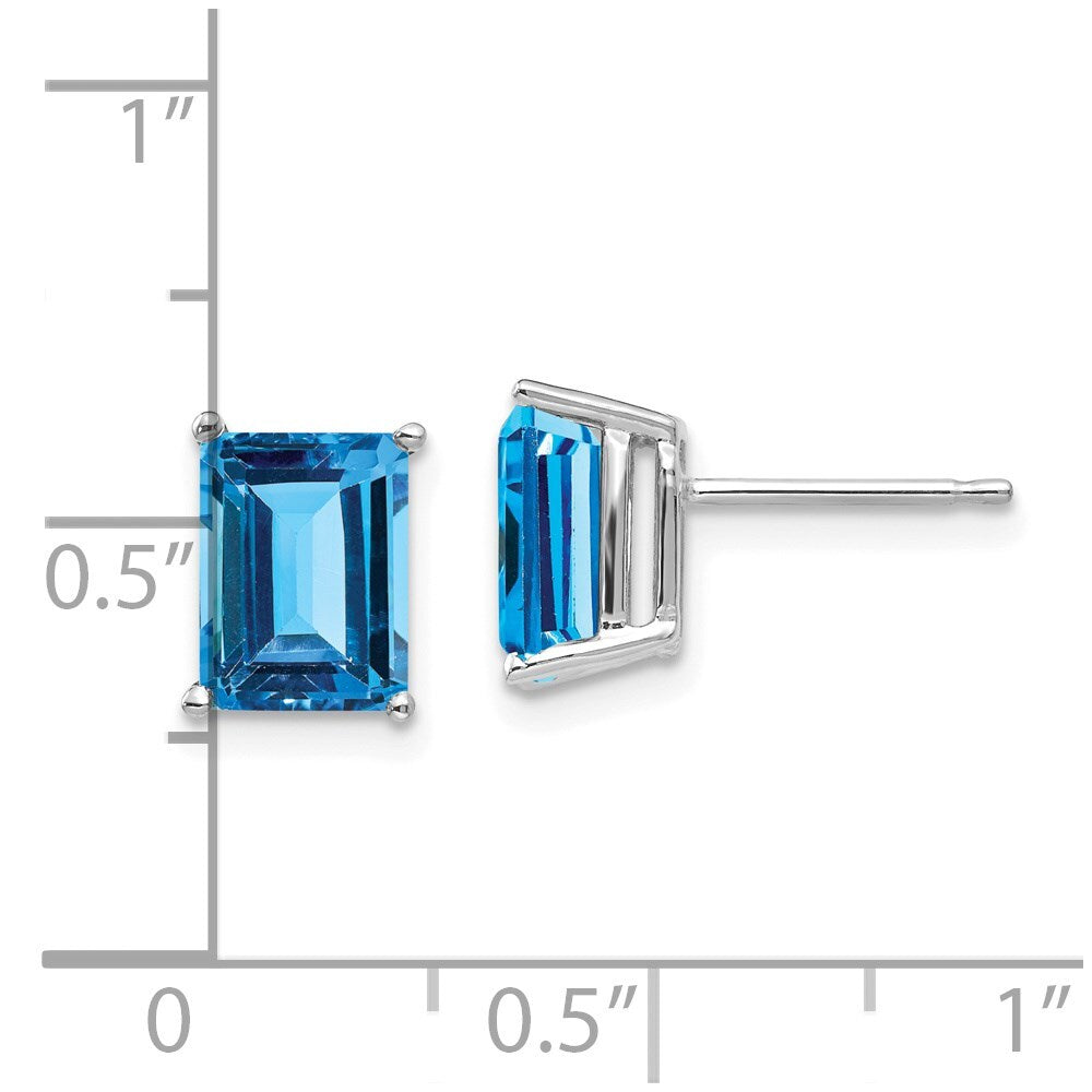 14k White Gold 8x6mm Emerald Cut Blue Topaz Stud Earrings Gift for Women