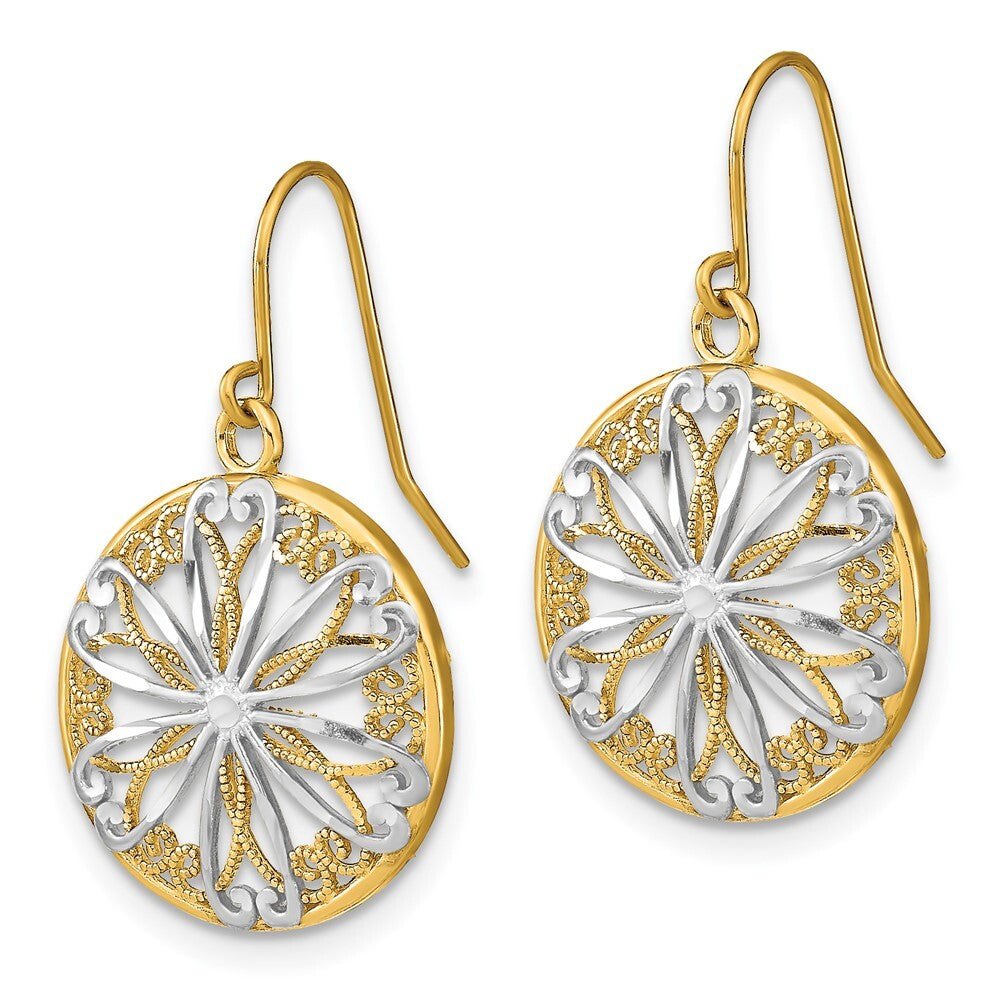 14k Yellow Gold Rhodium Filigree Medallion Dangle Earrings