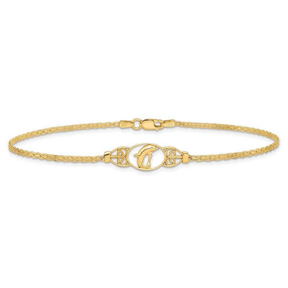 14k Yellow Gold Polished Dolphin and Filigree Bismark Chain 10 inch Anklet