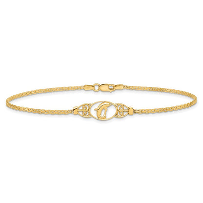 14k Yellow Gold Polished Dolphin and Filigree Bismark Chain 10 inch Anklet