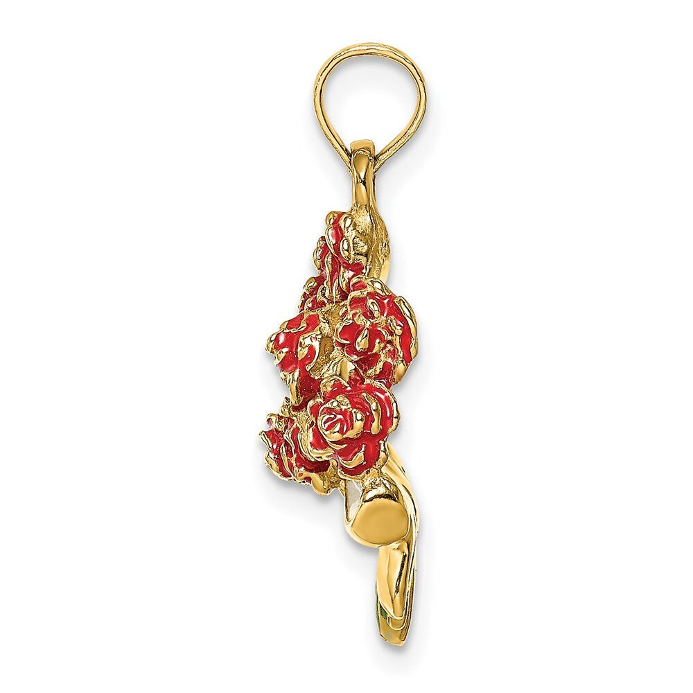 14k Yellow Gold Enameled Bouquet of Red Roses Pendant for Women