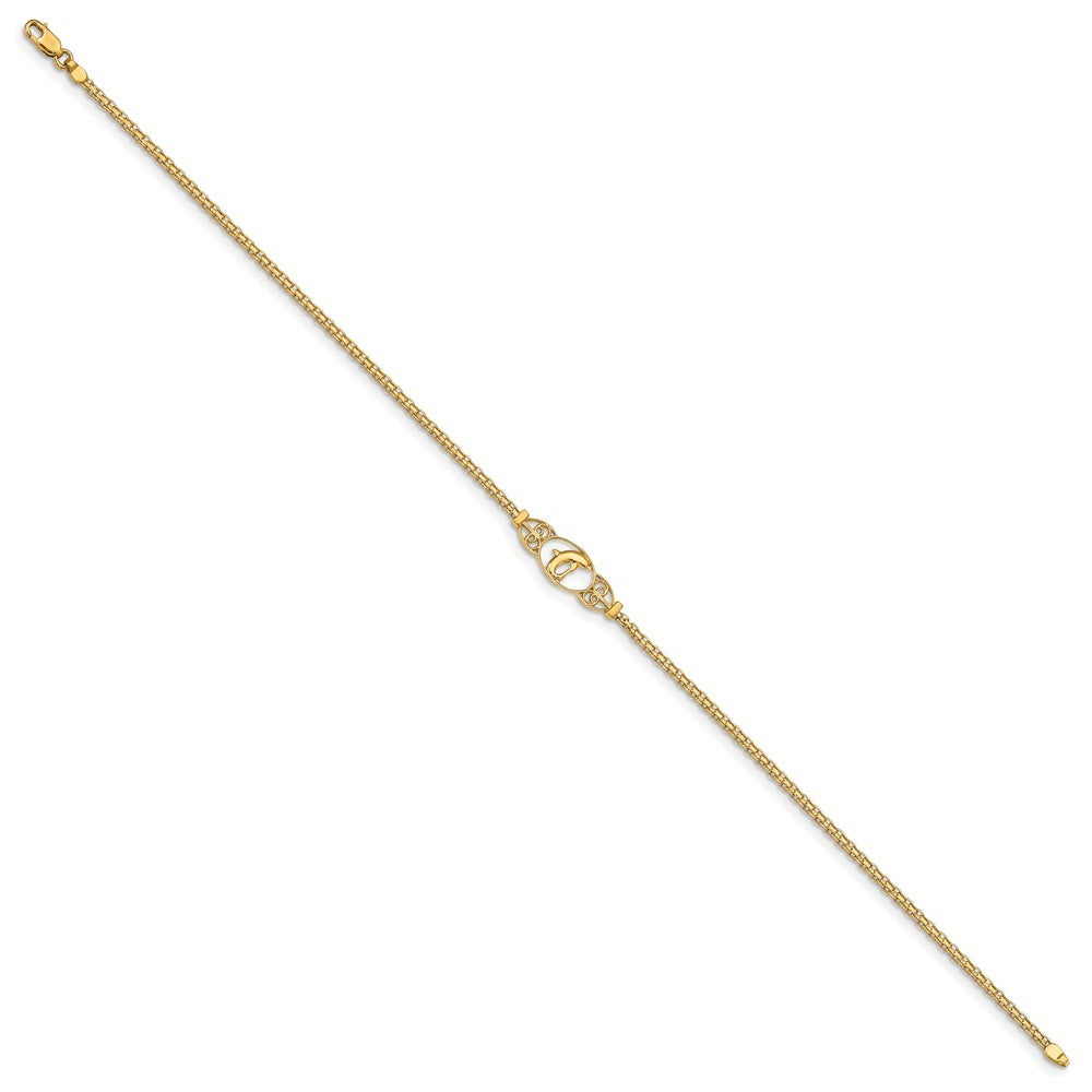 14k Yellow Gold Polished Dolphin and Filigree Bismark Chain 9 inch Anklet