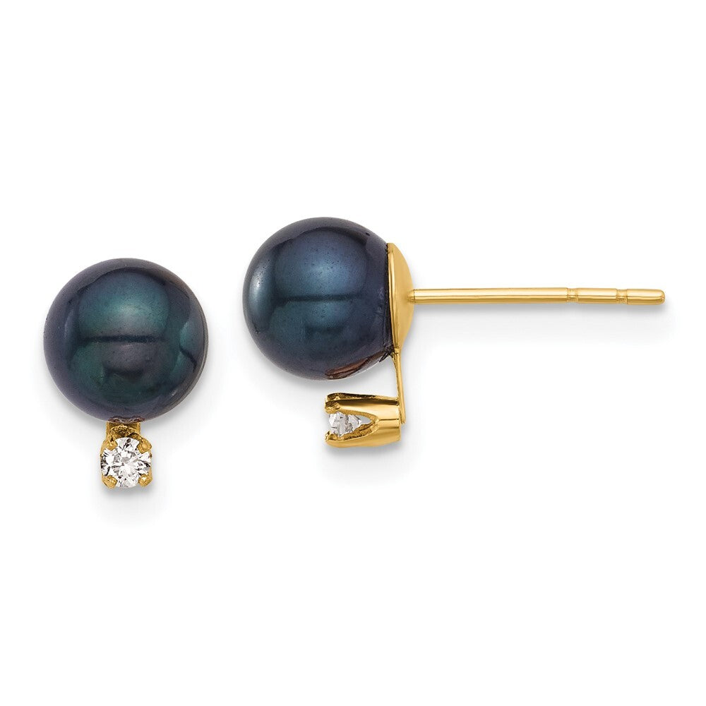 14k Yellow Gold 7mm Black Akoya Saltwater Cultured Pearl & Diamond Stud Earrings