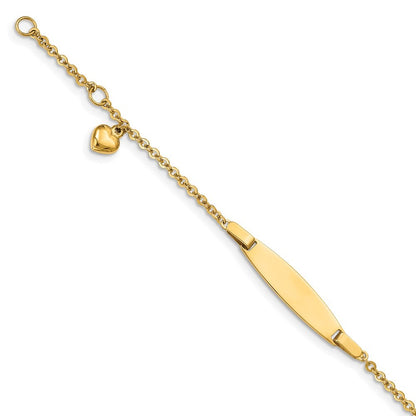 14k Yellow Gold  Solid Chain Heart Dangle 20x6mm Plate 5" ID Bracelet  1" Ext