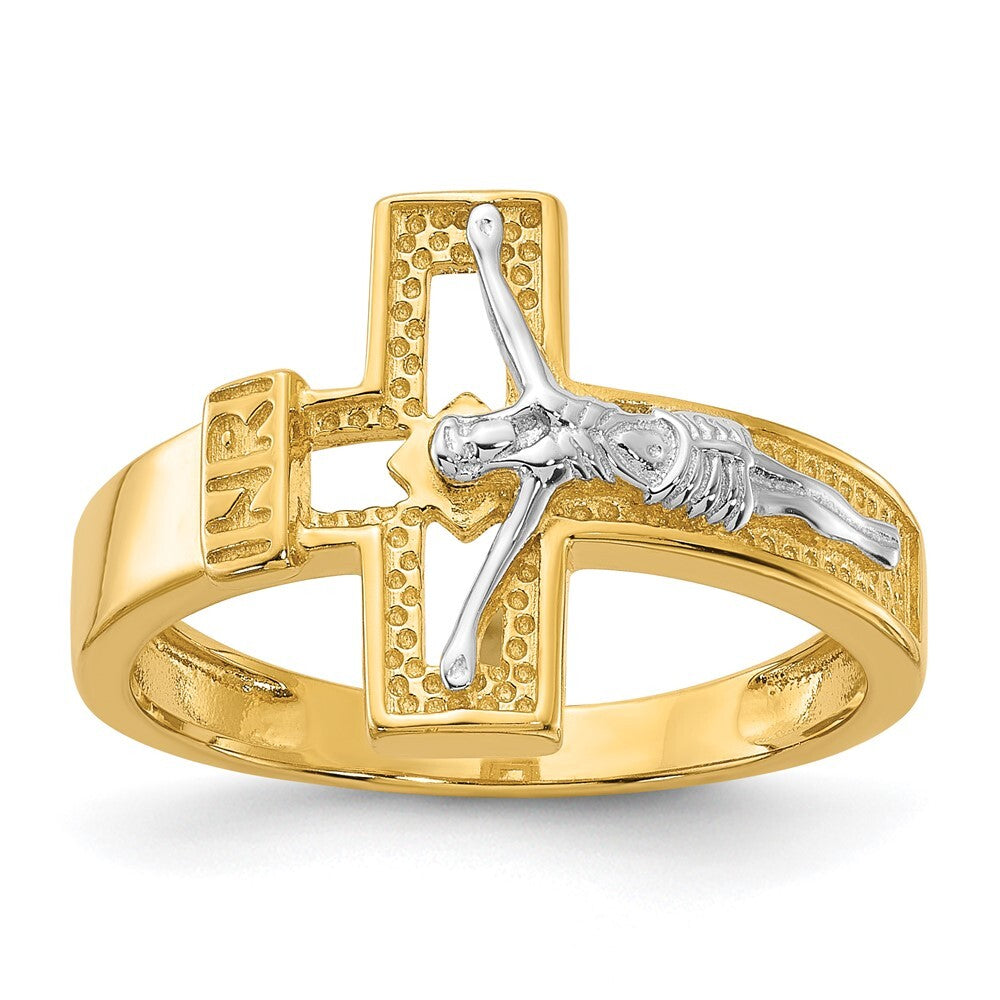 Sterling Silver Rhodium-plated Gold-tone INRI Crucifix Ring Size 8