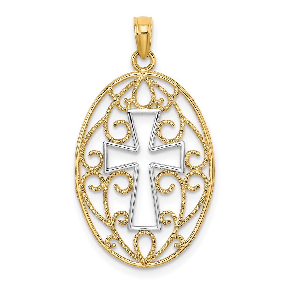 14k Yellow Gold Rhodium Beaded Filigree Cross Charm