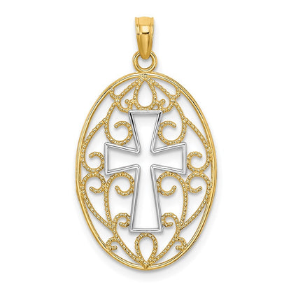 14k Yellow Gold Rhodium Beaded Filigree Cross Charm