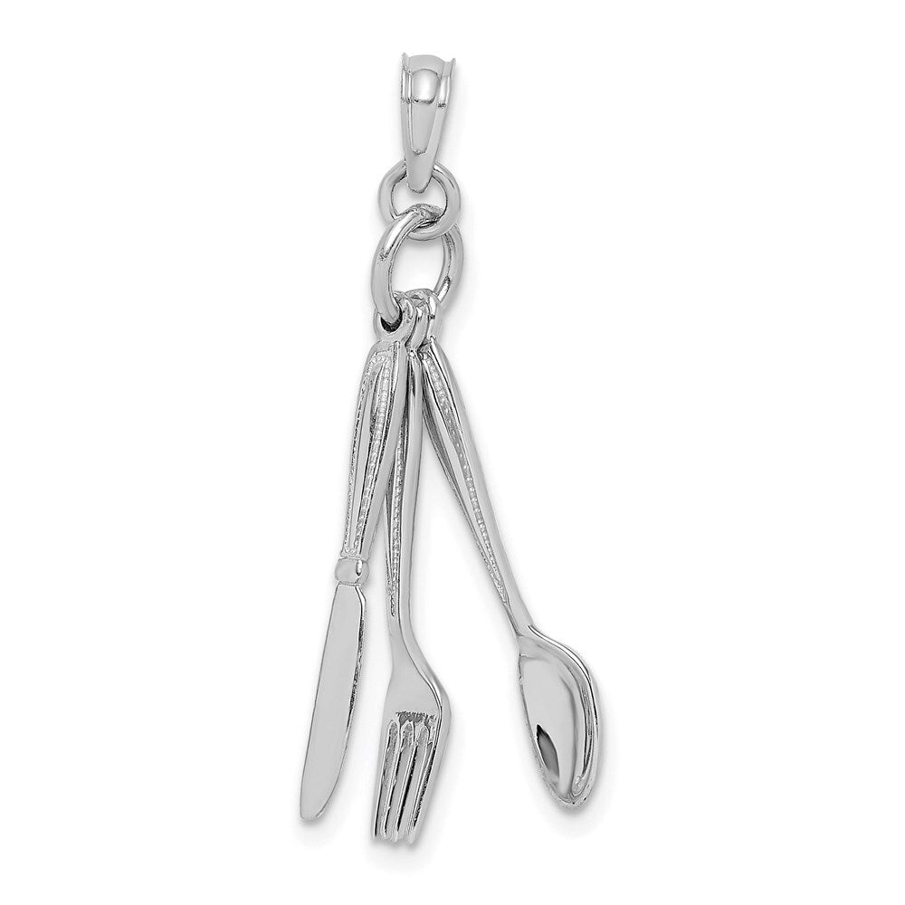 14k White Gold 3-D Moveable Knife, Fork, and Spoon Charm Pendant for Women