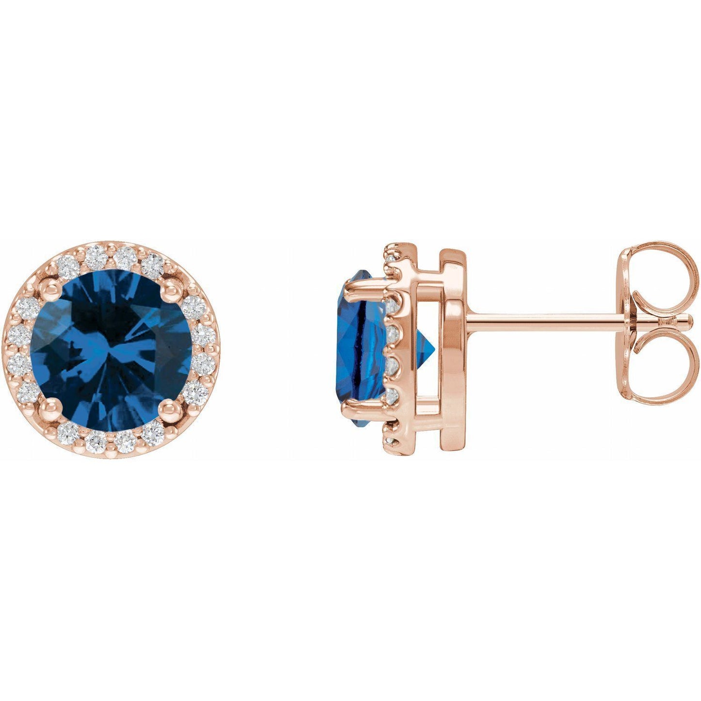 14k Rose Gold Lab-Grown Blue Sapphire and .05Ct Diamond Halo-Style Stud Earrings