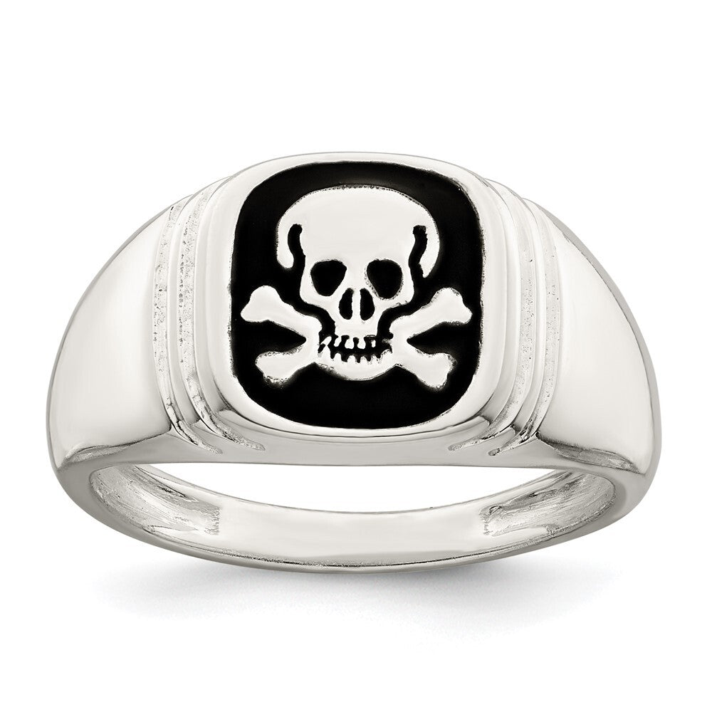 Sterling Silver Black Enameled Mens Skull and Crossbones Ring Size 9