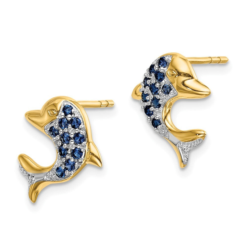 14k Yellow Gold w/Rhodium Marquise Sapphire/Diamond Dolphin Stud Earrings