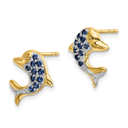 14k Yellow Gold w/Rhodium Marquise Sapphire/Diamond Dolphin Stud Earrings