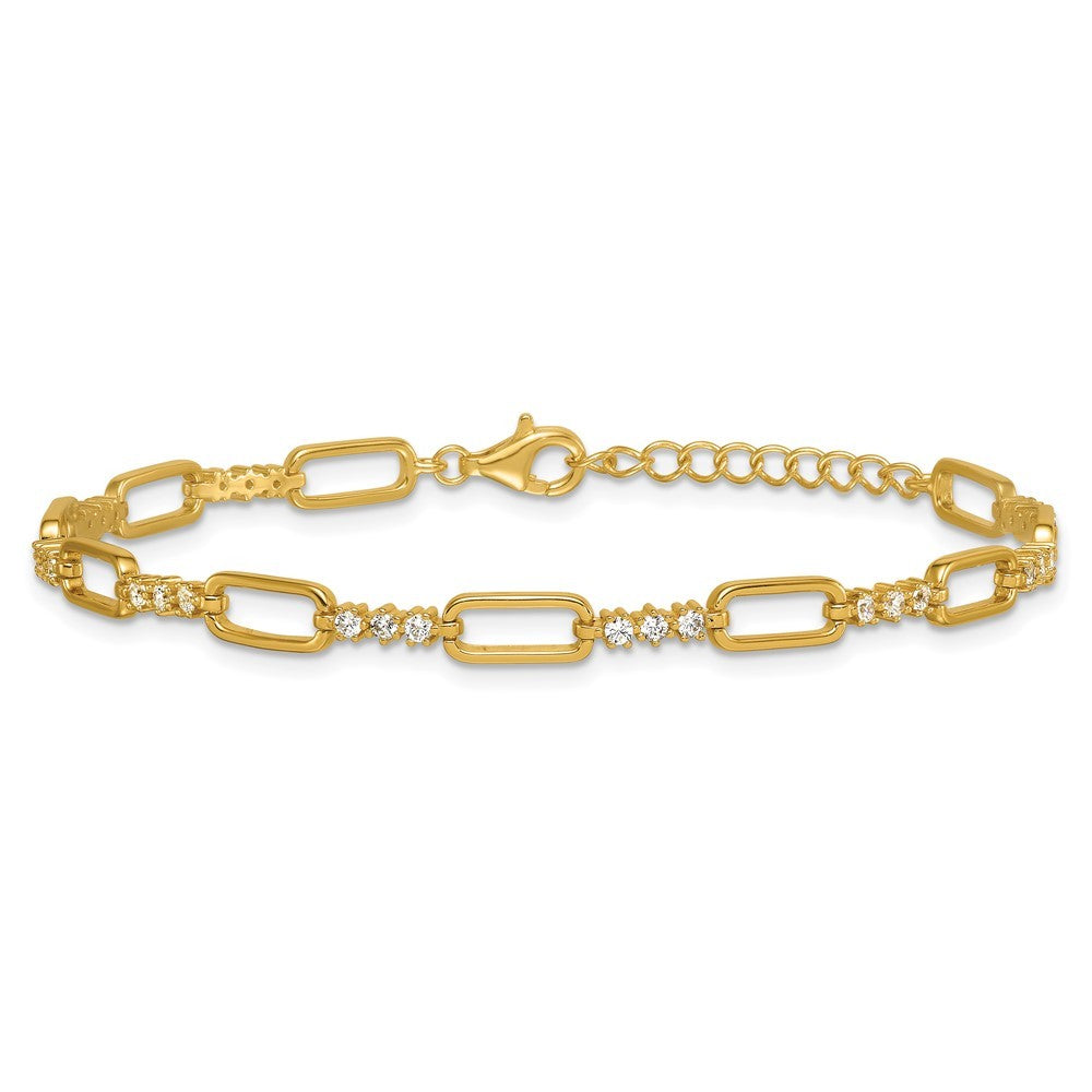 Sterling Silver Gold-tone Polished CZ and Paperclip Link 7" with 1" Ext Bracelet