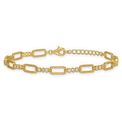 Sterling Silver Gold-tone Polished CZ and Paperclip Link 7" with 1" Ext Bracelet