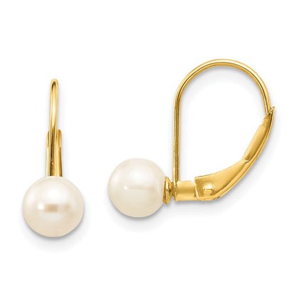 14k Yellow Gold 5-6mm White Round Freshwater Cultured Pearl Leverback Earrings