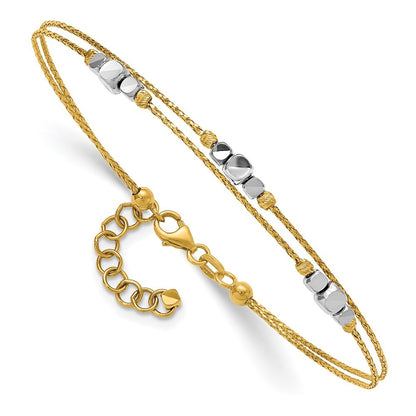 14K Two-Tone Polished Diamond-cut Double Strand Beaded 7" Bracelet with 1" Ext