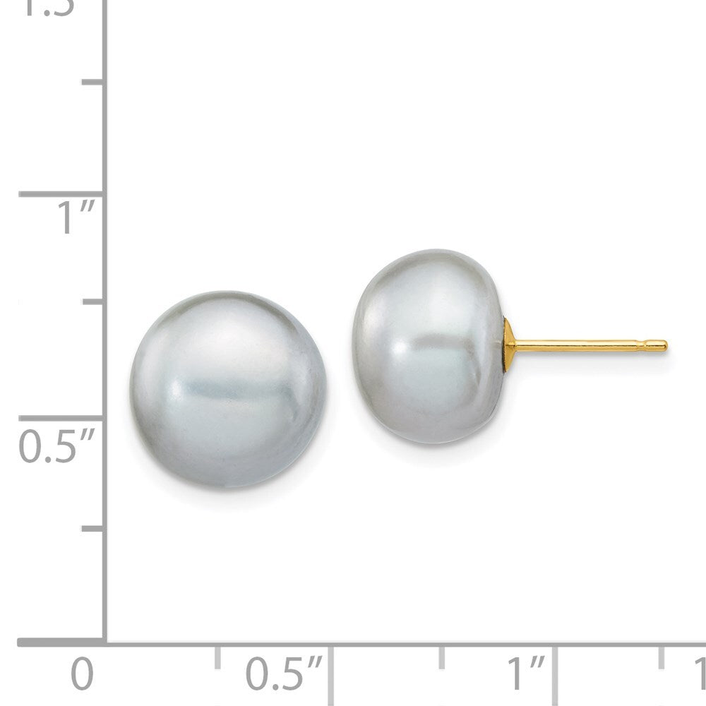 14k Yellow Gold 10-11mm Grey Button Freshwater Cultured Pearl Stud Earrings