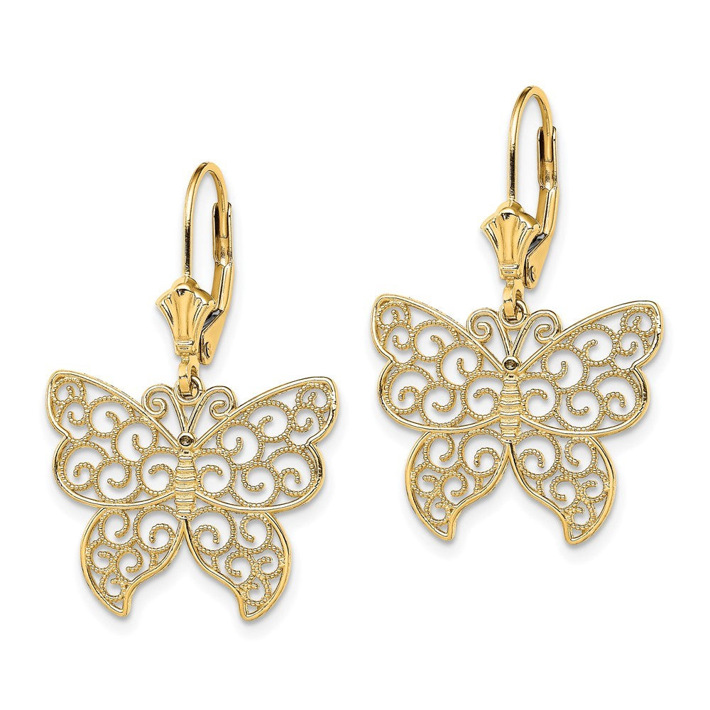 14k Yellow Gold Butterfly w/ Beaded Filigree Wings Drop Dangle Earrings