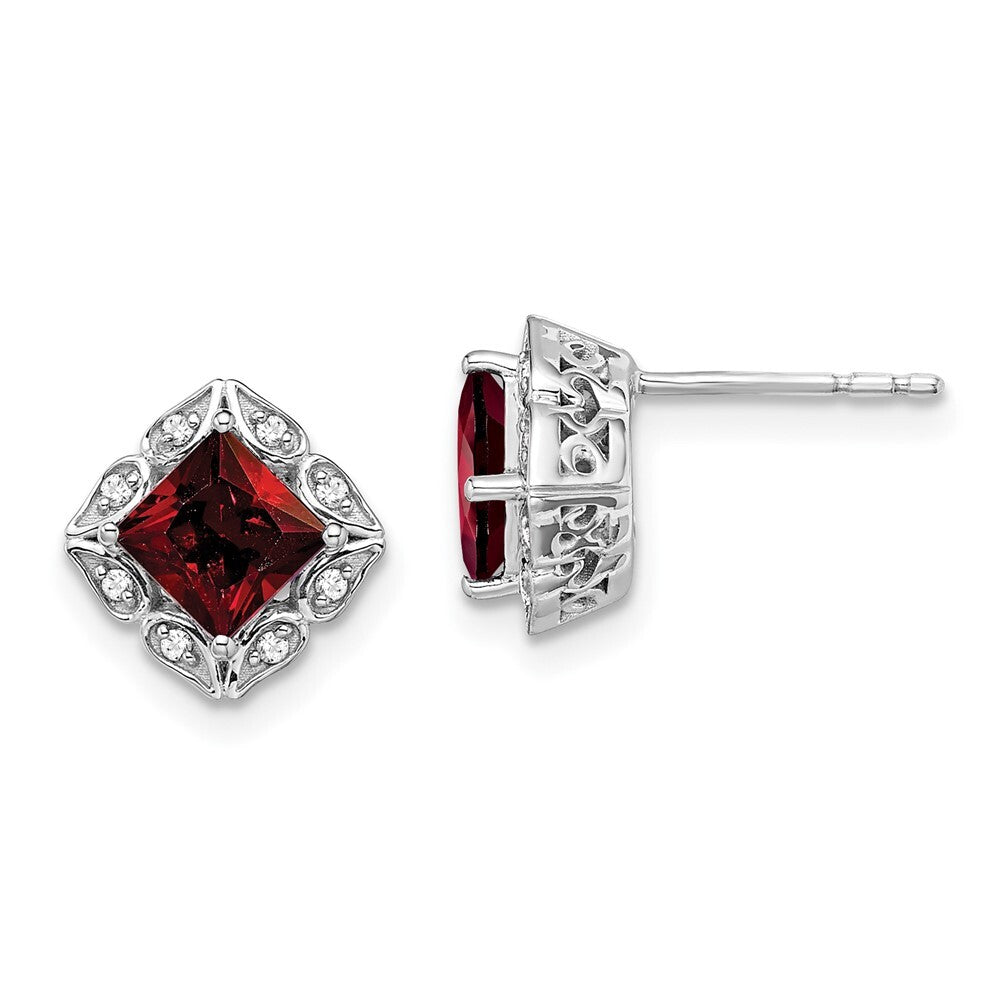 14k White Gold Square Garnet and Diamond Stud Earrings