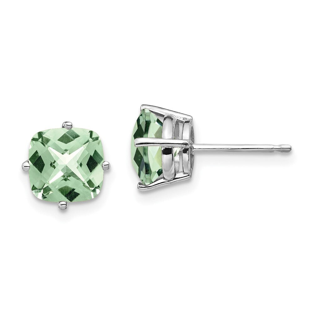 14k White Gold 7mm Cushion Checker-Cut Green Quartz Earrings Gift for Women