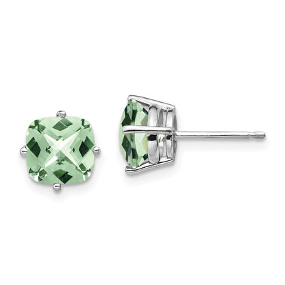 14k White Gold 7mm Cushion Checker-Cut Green Quartz Earrings Gift for Women