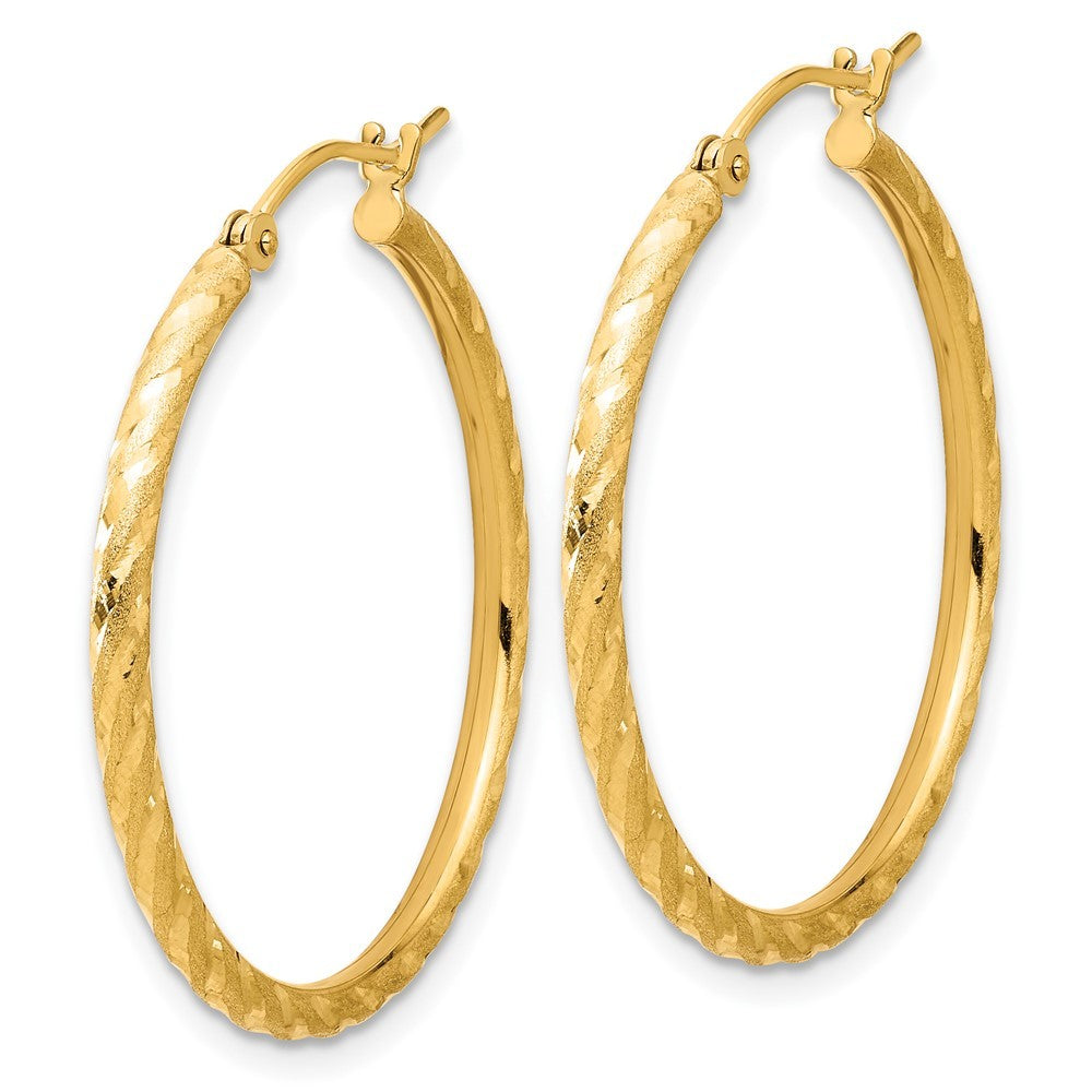 14k Yellow Gold Polished and Satin Diamond-Cut 2mm Hoop Earrings
