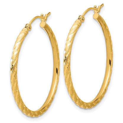 14k Yellow Gold Polished and Satin Diamond-Cut 2mm Hoop Earrings