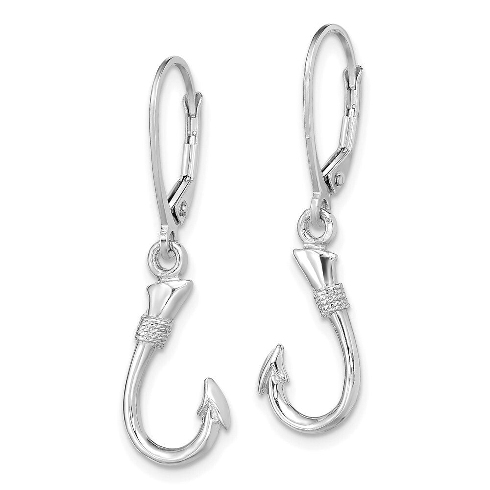 14K White Gold 3-D Fish Hook Dangle Earrings Leverback Gift for Women