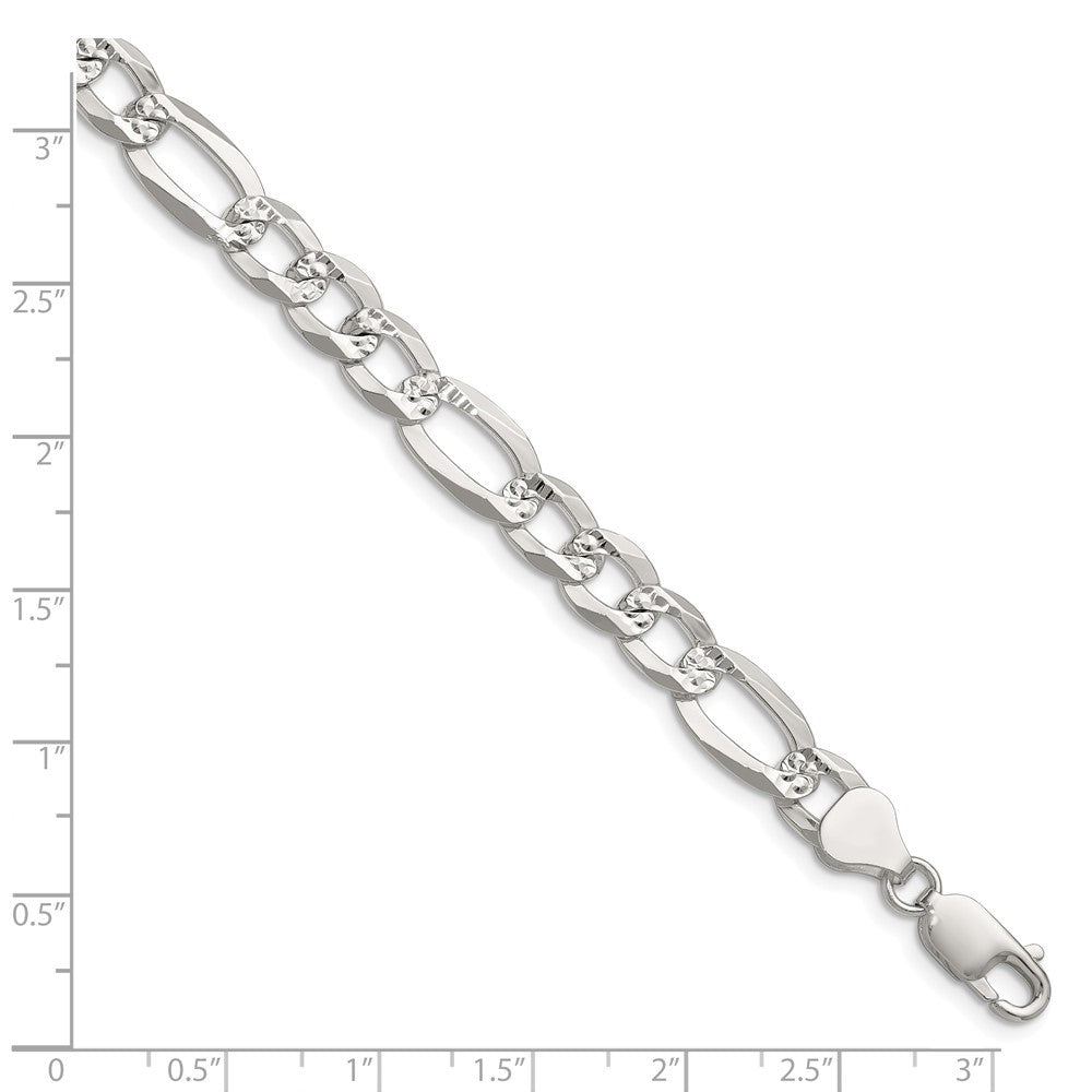 Sterling Silver 8.0mm Flat Diamond-Cut Pave Figaro Chain Bracelet