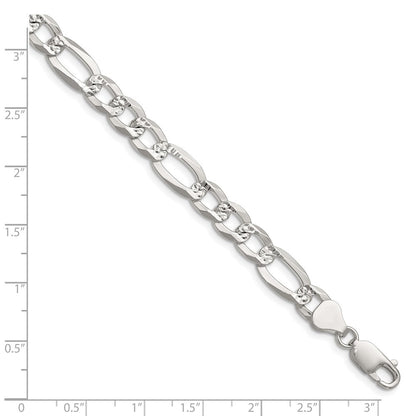 Sterling Silver 8.0mm Flat Diamond-Cut Pave Figaro Chain Bracelet