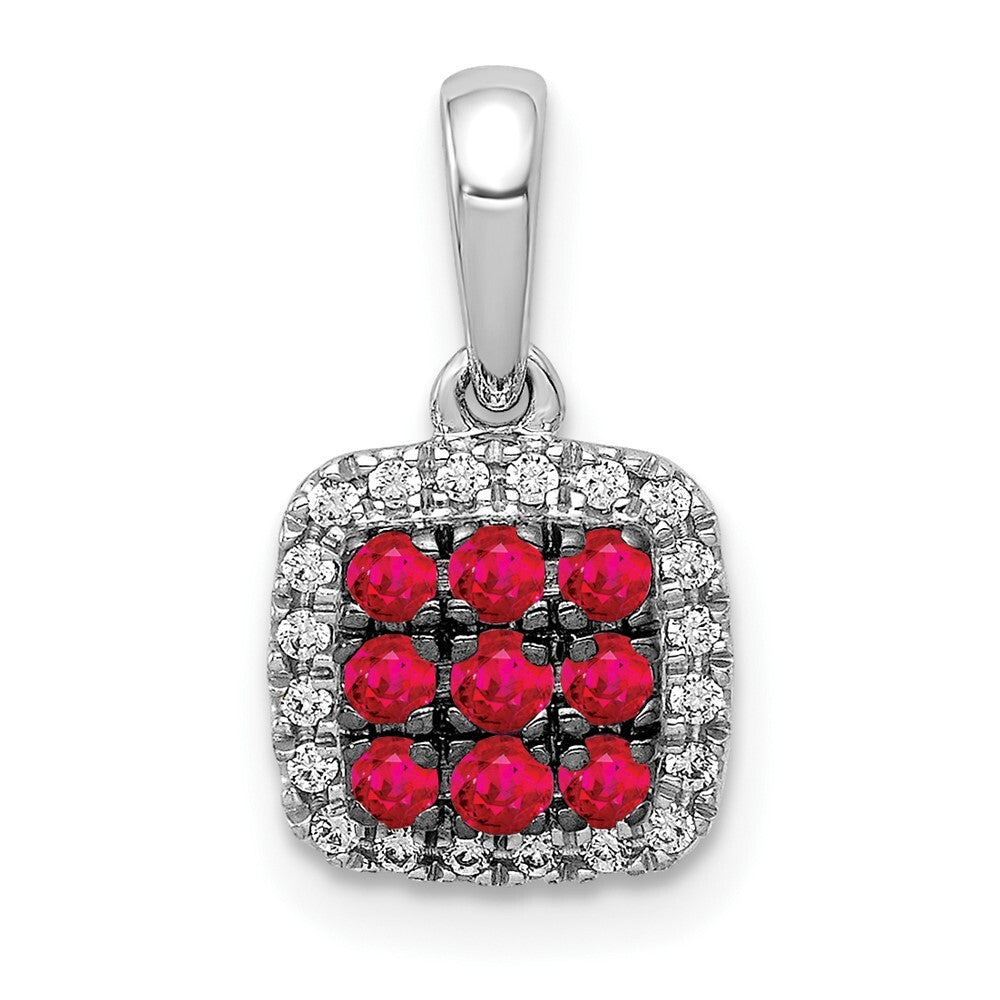 14k White Gold Diamond and .23 Ruby Square Halo Pendant for Women