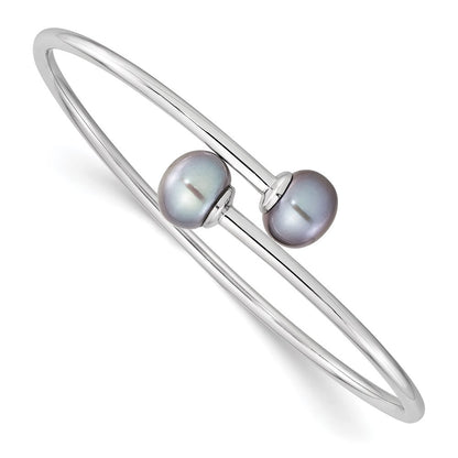 Sterling Silver 9-10mm Grey Button Cultured Pearl Flexible Cuff Bangle