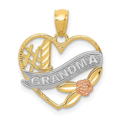 14k Two-tone Gold White Rhodium #1 GRANDMA Heart Pendant for Women