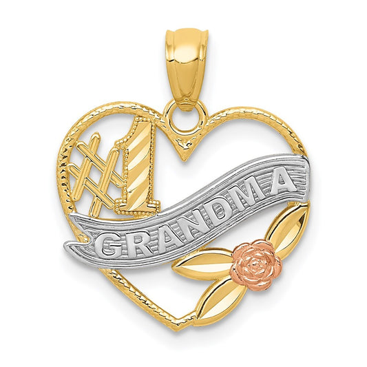 14k Two-tone Gold White Rhodium #1 GRANDMA Heart Pendant for Women