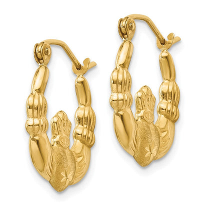 14k Yellow Gold Polished and Satin Claddagh Hoop Earrings