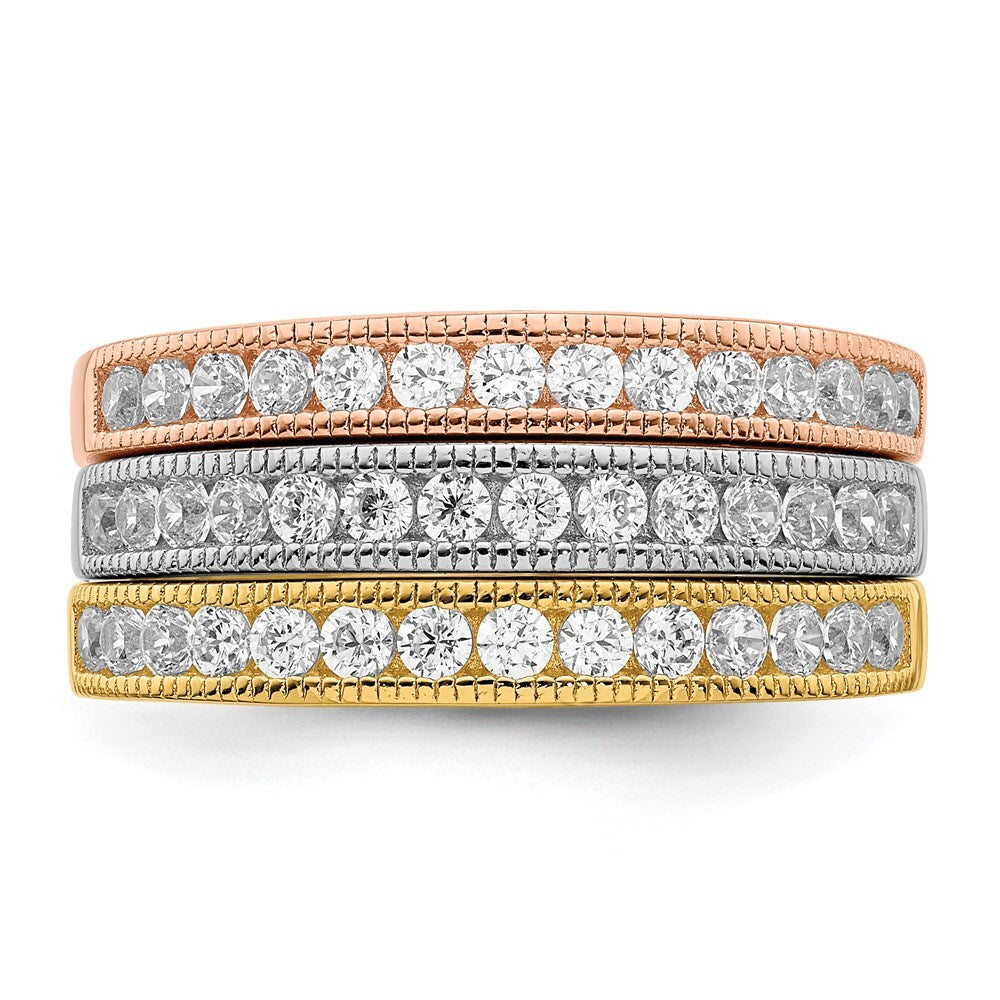 Sterling Silver Vermeil Polished Trio Cubic Zirconia Rings Size 8
