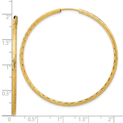 14k Yellow Gold Polished and Satin Diamond-Cut 2mm Endless Hoop Earrings