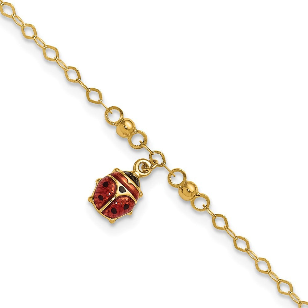 14k Yellow Gold Red and Black Enameled Ladybug 10" Anklet