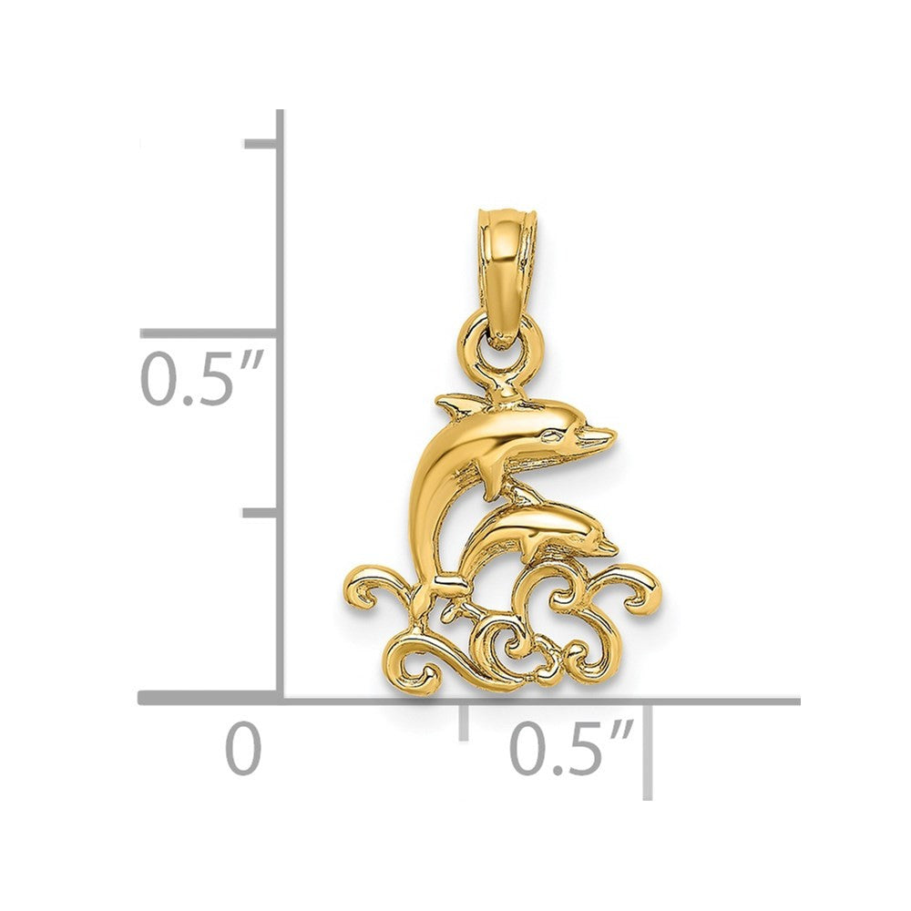 14k Yellow Gold Textured Mini Double Dolphins and Waves Charm
