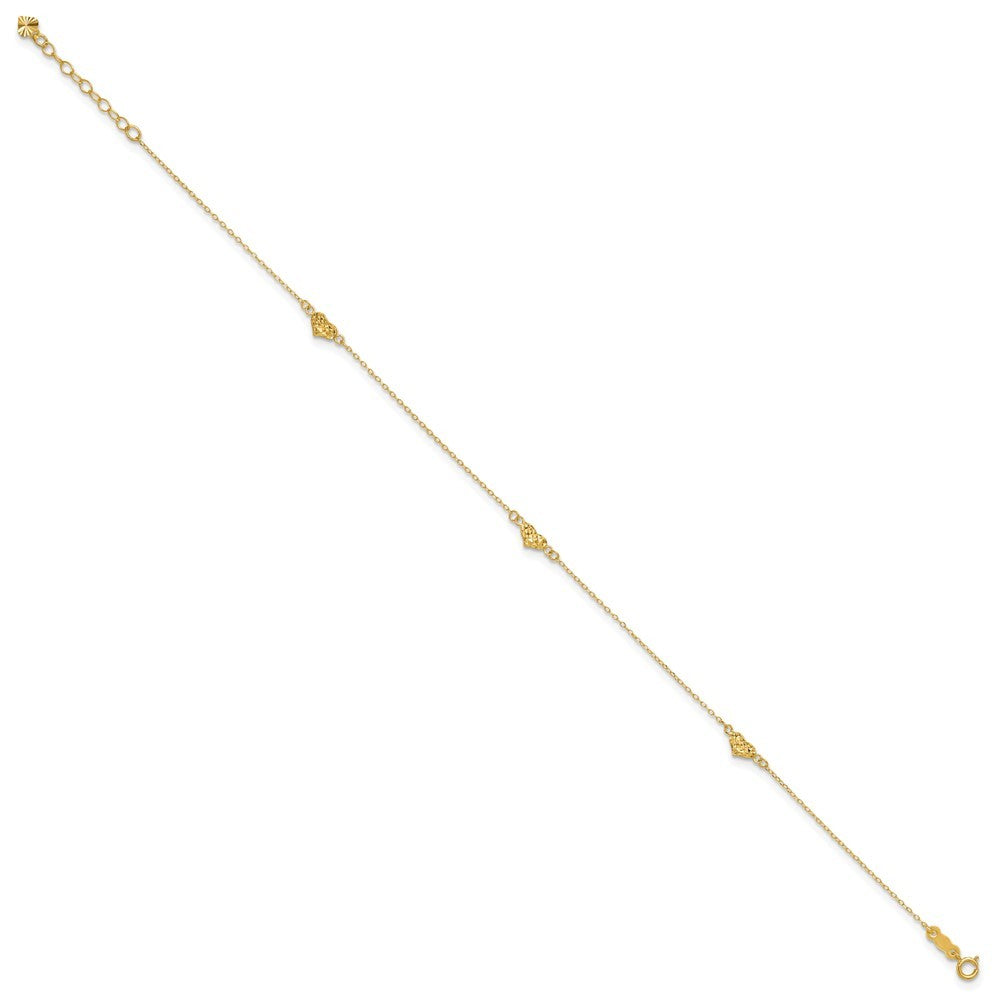 14k Yellow Gold Polished Diamond-cut Triple Puffed Hearts 11" Anklet