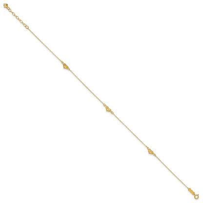 14k Yellow Gold Polished Diamond-cut Triple Puffed Hearts 11" Anklet