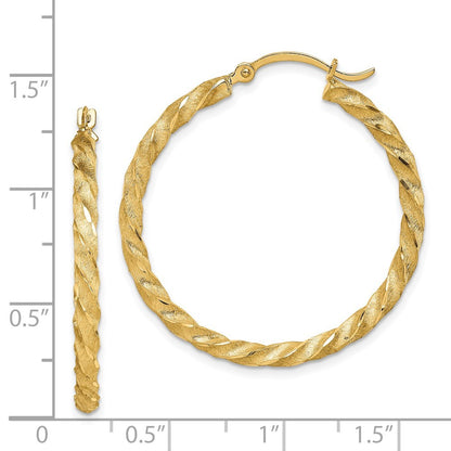 14k Yellow Gold Twisted Satin Diamond-Cut Hoop Earrings