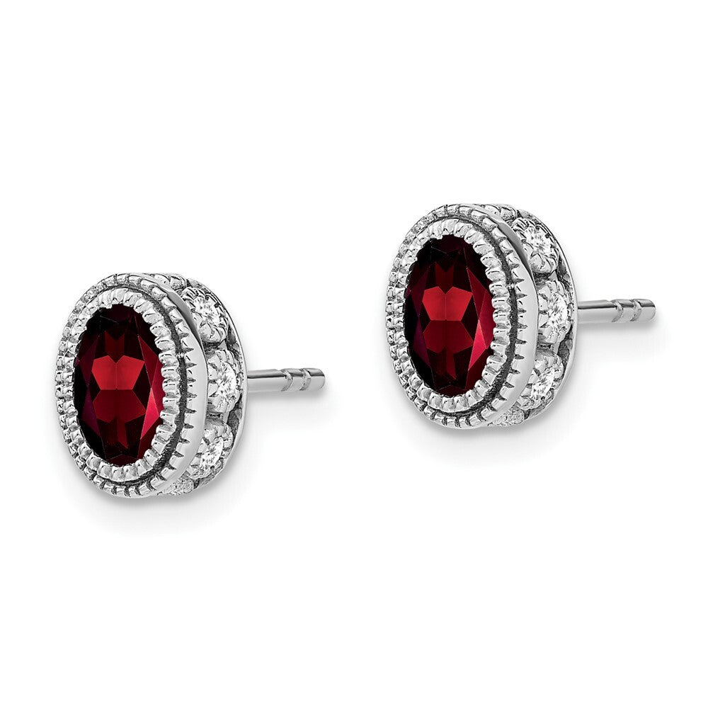 14k White Gold Oval Garnet and Diamond Stud Earrings